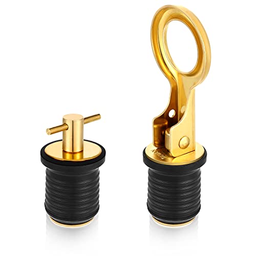 Amyhill 2 Pack Boat Drain Plugs with T Handle and O Handle Snap Rubber Jon Boat Plug for Marine Twist Accessories(Brass 1 Inch)