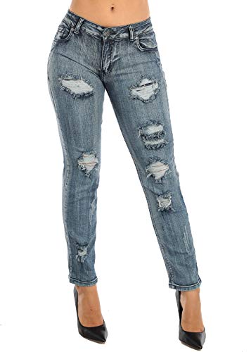 Moda Xpress 1 Button Acid Wash Low Rise Ripped Distressed Boyfriend Stretchy Jeans