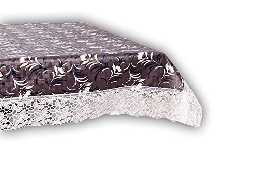 Image of The Furnishing Tree Waterproof PVC Rectangle Shaped Center Table Cover WxL 40x60 inches Floral Pattern Dark Brown with White Border lace