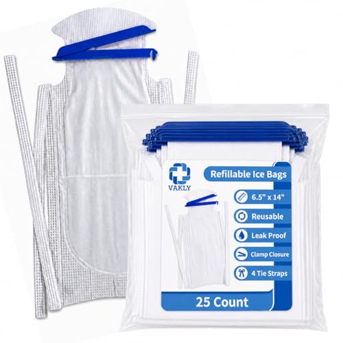 Image of Vakly Large Refillable Ice Bags 6.5 x 14 [Pack of 25] - Reusable Ice Pack with Clamp Closure, Soft Outer Covering & Leak-Resistant Inner Layer for Hospital, Home & Sports Use (25)