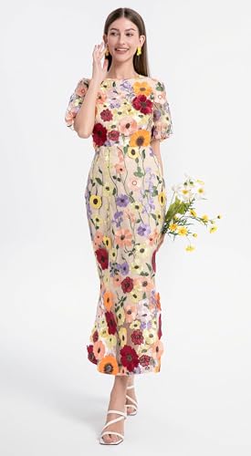 LAI MENG FIVE CATS Women's 3D Floral Short Sleeves Crew Neck Fishtail Mesh Embroidery Party Cocktail Maxi Dress3