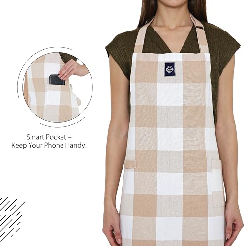 Image of Encasa XO Cotton Cooking kitchen Apron for Women and Men chef apron With adjustable neckstrap, Pocket & Towel Holder for Easy cooking, Baking, BBQ, Gardening- Buffalo Beige Checks, 68x85 cm