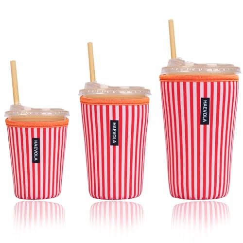 Image of Reusable Insulated Neoprene Iced Coffee Cup Sleeve, Durable Drink Sleeve for Cold Beverages, Beverage Holder for Iced Coffee (Red Stripes)