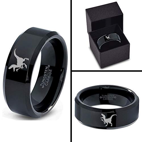 Zealot Jewelry Tungsten Dinosaur Velociraptor Band Ring 8Mm Men Women Comfort Fit Black Beveled Edge Polished Size 4 #TOP3