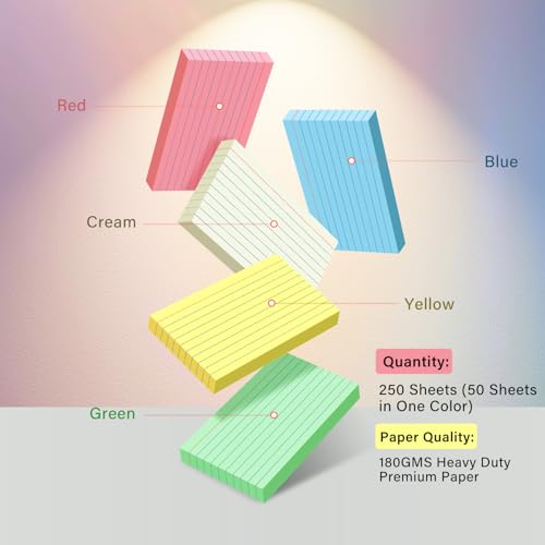 Colored Index Cards 3x5, 250 Pack, Ruled Index Cards, Flash Cards for Studying, Heavy Note Cards for Office, Home and School,Five Colors, Each Color Individually Wrapped, 50 Pack Per Package