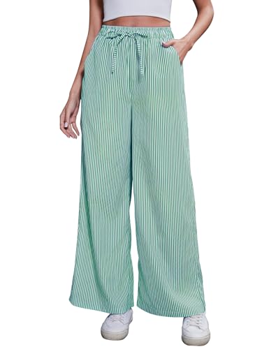 Women's Striped Wide Leg Pants with Pockets High Waist Drawstring Loose Trousers Palazzo Pants Green
