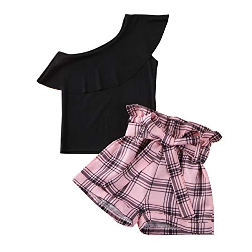 Bowanadacles Completo Bambina Estivo 2 Pezzi Top Monospalla Senza Maniche + Pantaloncini Larghi a Quadri con Cintura 2-7 Anni (Nero, 2-3 Anni)