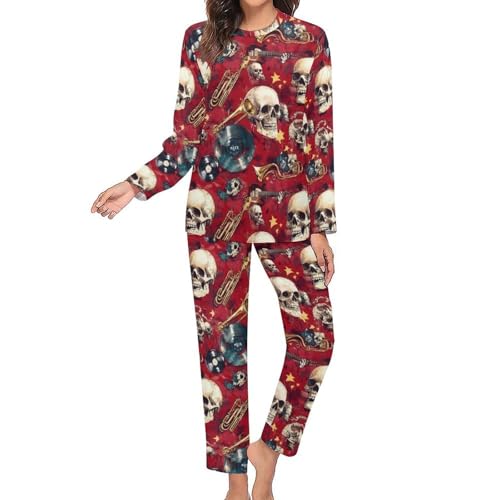 Novastar Conjunto de pijama de 2 piezas para mujer, estilo rock, con estampado de calavera musical, manga larga, ropa de dormir, Style-23, Large