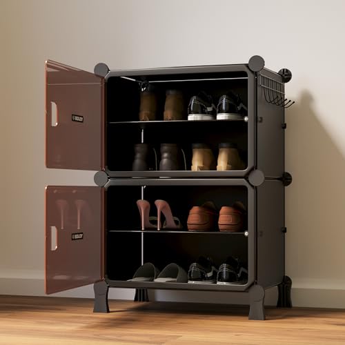 Image of BOXJOY 4 Shelf Black Shoe Rack for Home with 2 Brown Doors, Hard PET Plastic with Metal Door Frame, Shoe Chappal Slipper Sandals Stand