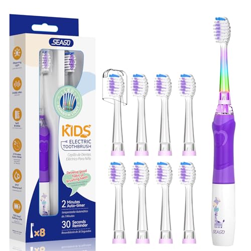 Seago Cepillo de dientes eléctrico para niños a partir de 3 – 12 años, cepillo de dientes eléctrico con luz de color, temporizador inteligente, 8 cabezales suaves, resistente al agua, cepillo de