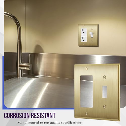 Image of ENERLITES Combination Toggle and Decorator Switch Metal Wall Plate, Stainless Steel 201, Corrosion Resistant, Size 2-Gang 4.50 inch x 4.57 inch, 771131-BB, Brushed Brass, Gold
