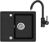 VBChome Spüle mit Armatur 46x56 Spülbecken Granit Einzelbecken Küche Einbauspüle Verbundspüle Küchenspüle Beige / Schwarz eckig + Drexexcenter + Siphon Waschbecken