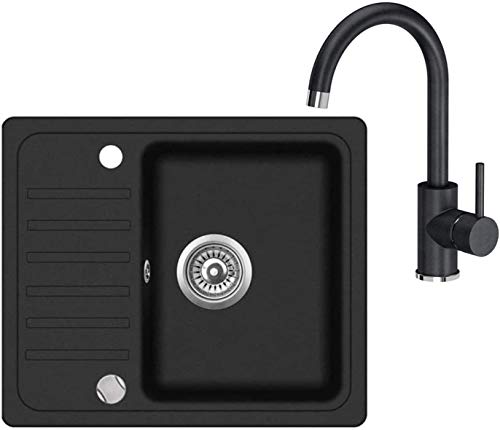 Spüle mit Armatur 46x56 Spülbecken Granit Einzelbecken Küche Einbauspüle Verbundspüle Küchenspüle Beige/Schwarz eckig + Drexexcenter + Siphon