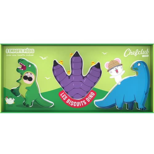 Chefclub - Kit Emporte-pièces Dinosaure pour Enfant - Les Biscuits Dino : Tyrannosaure, Empreinte de Patte et Diplodocus