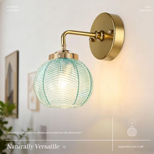Image of Vintage Wall Sconce Gold Bathroom Vanity Light Hand Blown 1-Light Globe wall Sconce Indoor Wall Light with Blue Glass Shade Mid Century Modern Wall Lighting for Bedroom Hallway Living Room