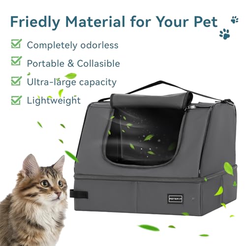 Image of Petsfit Upgrade Fabric Portable Cat Litter Box /Pan with Lid for Travel, Easy to Clean,Lightweight, Sturdy, Foldable (17x13x12.5inches,Gray)