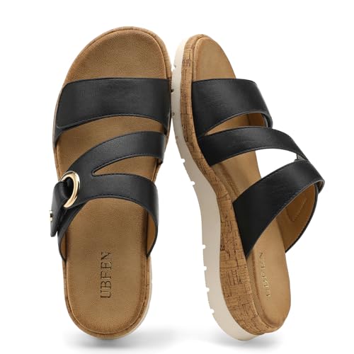 Image of UBFEN Womens Low Wedge Sandals Comfortable Walking Slides with Arch Support | Soft Cushioned Insoles 2 Adjustable Straps Slip On for Summer, Casual, Home, Quick Outings