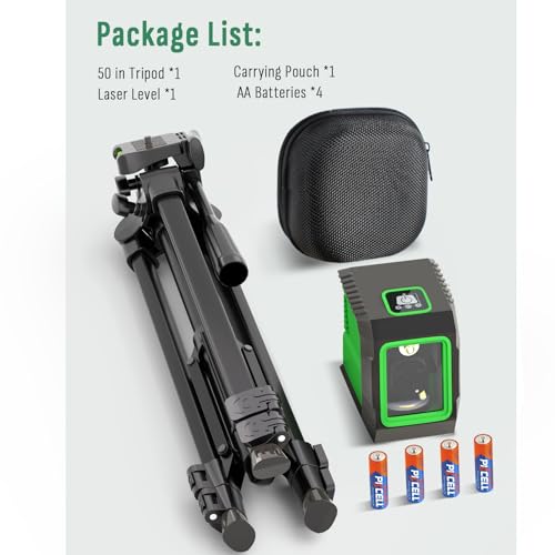 Image of Laser Level with 50 inch Tripod, 360 Self Leveling Cross Line Laser Level, Green Beam Horizontal and Vertical Line leveler Tool for Hanging Pictures, Home Renovation with 4 AA Batteries & Carry Pouch