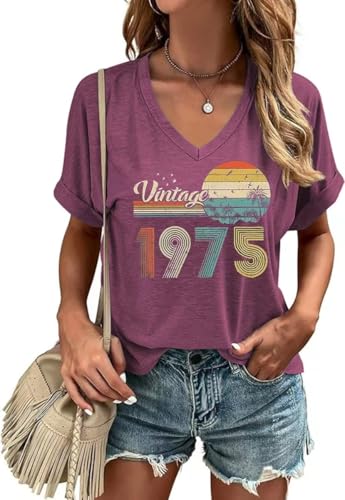Women 50th Birthday V Neck Shirt Vintage 1975 Shirts Letter Print Retro Birthday Tops Casual Short Sleeve Tee(XXL,04-Purple4-1975)