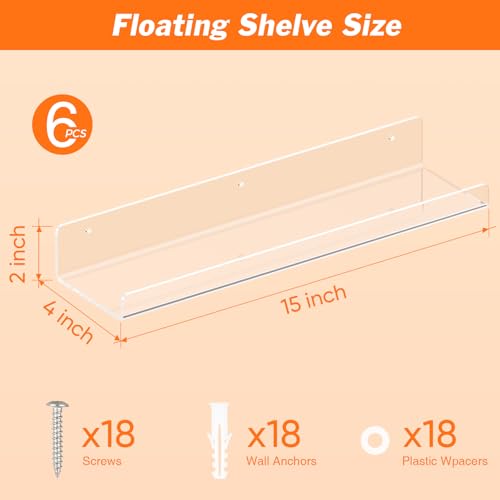 Image of Dooiclear 6 Pack Floating Shelves for Wall, 15 inch Clear Floating Wall Shelf