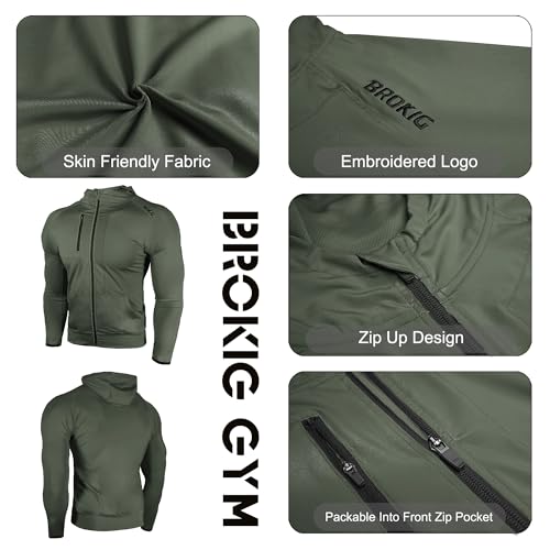 Image of BROKIG Mens Windbreak Running Jacket Zip Up Hoodie | Lightweight,Zip Pocket,Workout,Gym,Athletic,Track,Golf,Cycling,Full Zip Hoodie Jackets,Windbreaker,Jogging Sweatshirts