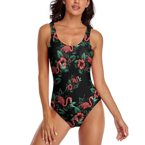 Traje de baño con Estampado Floral de flamencos e hibiscos para Mujer, con Espalda Descubierta, Ideal para la Playa en Verano.