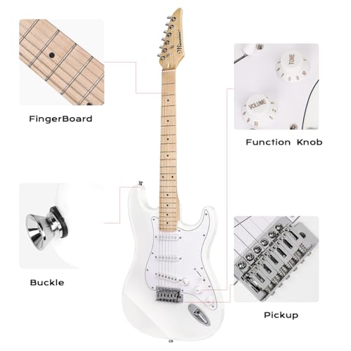 Image of Electric Guitar Beginner Kits, 6 Strings 39 Inch Solid Body Guitarra Electricar Set for Adults With Gig Bag, Strap, Tremolo Arm, Cable & Picks MS100 (White)