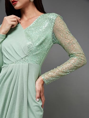 Image of Miss Chase Women's Fit and Flare Full Length Pleated V-Neck Full Sleeve Dress