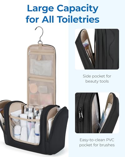 BAGSMART Travel Toiletry Bag for Women, Puffy Hanging Toiletry Bag with Hook, Water-resistant Toiletry Organizer for Full Sized Toiletries, Black3