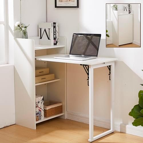 Foldable Desk,Hidden Desk with Storage and Built-in Socket,Mid Ce...