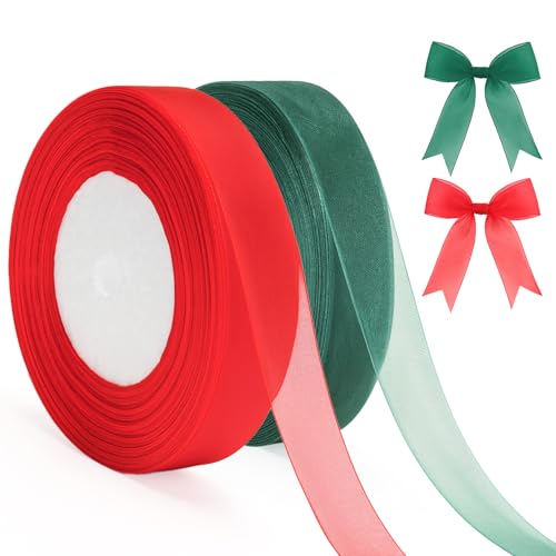 G2PLUS 100 Yards Red and Green Organza Gift Wrapping Ribbon, 20mm Sparkly Decorative Christmas Ribbon for Presents Wrapping, Christmas Crafting