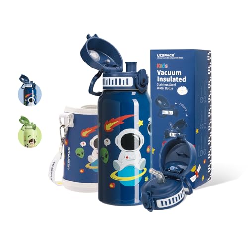 UZSPACE Botella Agua Acero Inoxidable Niños de 600 ml con Funda y 2 Tapas, A Prueba de Fugas, Manejo con Una Sola Mano, sin BPA, Termo con Pajita para Niños, Niñas, Escuela, Guardería (Cosmos Azul)