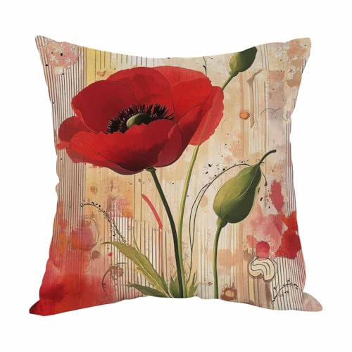 Moslion Flower Pillow,Home Decorative Throw Pillow Cover Red Poppy Flower Beige Floral Cotton Linen Cushion for Couch/Sofa/Bedroom/Livingroom/Kitchen/Car 18 x 18 inch Pillow case