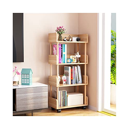 Estantería abierta de 4 niveles con ruedas universales, soporte de exhibición de madera, estante de almacenamiento de libros independiente para decoración del hogar, estantería multifuncional