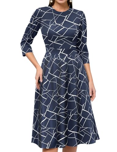 Image of Simple Flavor Womens Floral Vintage Midi Dress 3 /4 Sleeve | with pockets, Fit and flare aline, Knee-length, Church, Semi-formal, Wedding guest, Retro tea party & derby outfits