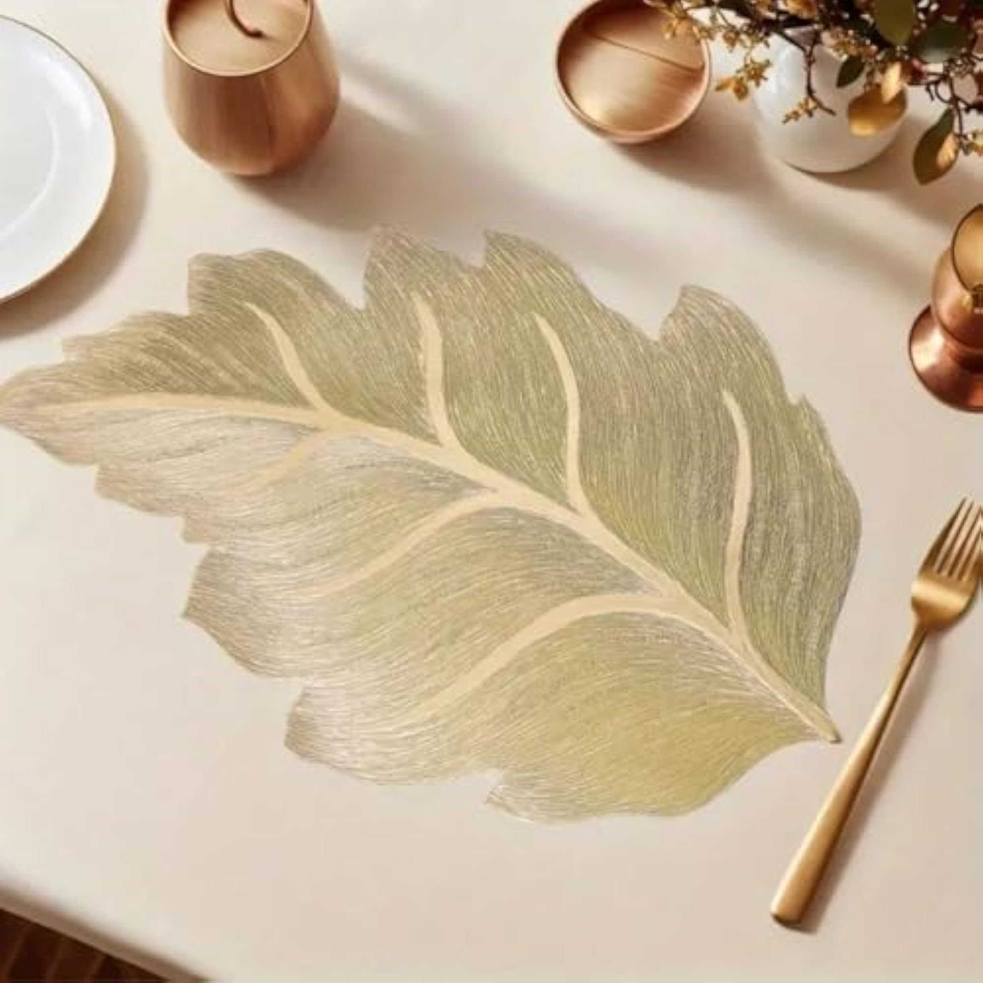 Leaf Shaped Set of 6 Table Mats, Gold