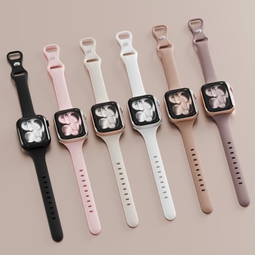 Image of 6 Pack Thin Slim Soft Silicone Bands Compatible with Apple Watch Women Men | 38mm 40mm 41mm 42mm 44mm 45mm 46mm 49mm, Waterproof Lightweight Strap for iWatch Series 11 /10 /9 /8 /7 /6 /5 /4 /3 /2 /1 SE Ultra