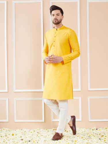 Image of See Designs Men Full Sleeve Sleeve Side Slit Mandarin Collar Cotton Solid Straight Kurta with Pyjama