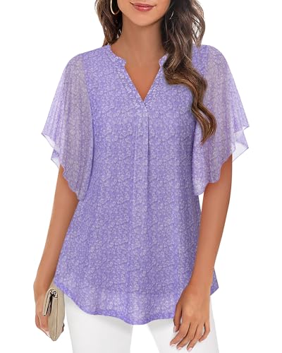 Image of Timeson Women's Short Sleeve V Neck Blouses Shirts Floral Double Layers Mesh Tunics Tops