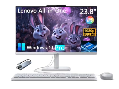 Image of Lenovo A100 23.8 inch FHD All-in-One Desktop: Intel N100, 32GB, 1TB SSD | Lenovo White Space-saving AIO computer, Wi-Fi 6, Webcam, Win 11 Pro, Wired keyboard and mouse, with Hub