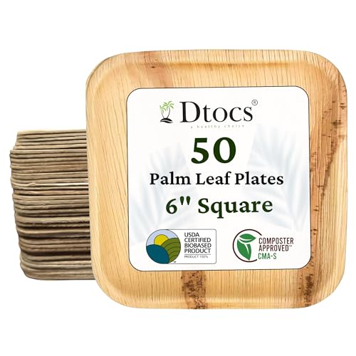 6 Square Palm Leaf Plates (50 Pack) | Eco-Friendly Bamboo Disposable Plates for Appetizers, Camping, Desserts, and Charcuterie | Compostable Alternatives to Paper Plates