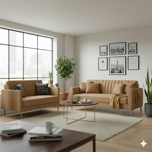 Image of 3+2 Seater Velum Fabric Sofa Set for Living Room, Modern Design with High Density Foam, Solid Wood Frame, Ergonomic Comfortable Seating for Home & Office (Light Brown, 3+2 Seater) | Soft foam comfort, Strong wood frame