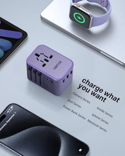 Image of Universal Travel Adapter, VINTAR 35.5W International Power Adapter with 3 USB A QC and 2 USB C PD, All in One Plug Adapter Worldwide Travel Essentials for EU /UK /USA /AUS(Type C /G /A /I), Purple