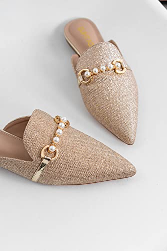 Guihtao Mules For Women Comfortable Flats Pointed Toe Slip-On Pearl Decoration Shoes (Gold Glitter, Adult, Women, Numeric_8, Numeric, Us_Footwear_Size_System, Medium) #TOP5