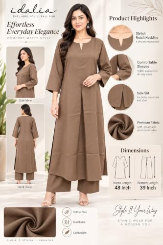 Image of idaLia Rayon Solid Straight Brown Kurta Set for Women with Palazzo 3 /4 Sleeve, Round V Neck Designer Kurta with Palazzo Pant Set