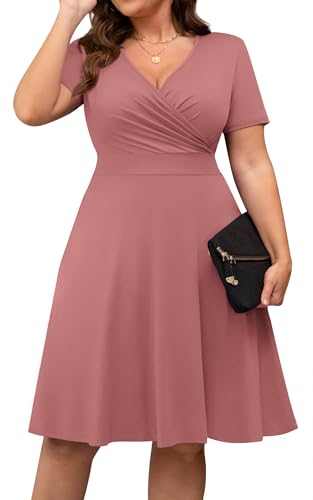 Image of POSESHE Womens Plus Size Dresses Summer Short Sleeve Wrap V-Neck Sundress Casual Wedding Guest Cocktail Dress with Pockets