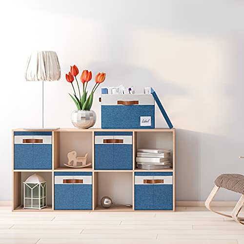 GhvyenntteS Fabric Storage Bins with Lids (3 Pack), Large Closet Storage Baskets with Lid and 3 PU Handles, Foldable Fabric Storage Boxes with Label Window for Home Office (Blue, 15" x 11" x 9.7")