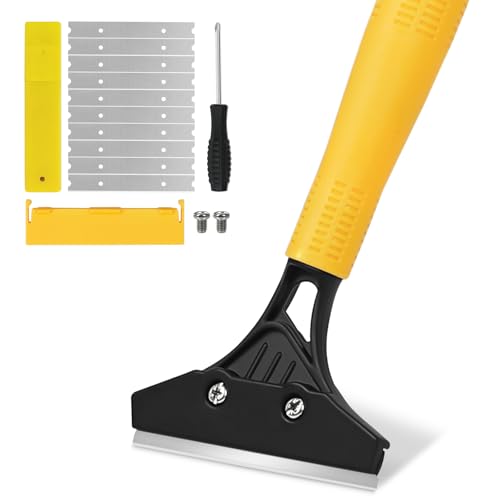Heavy Duty Floor Scraper with 44.5 long handle 4 Scraper Tool with 10 Replacement Metal Razor Blades Paint Scraper for Cleaning Gum Glass Wall Tile Glue Linoleum Stove Top
