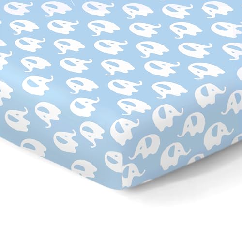 Image of 100% Organic Cotton Fitted Sheets for Standard Crib and Toddler Mattresses/Pads 28” x 52” up to 6” Thick. Boys and Girls. Fits, Dream On Me, Lullaby, Safety 1st, Newton, and Others. Blue Elephant