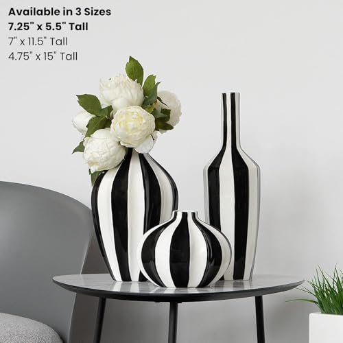 Torre & Tagus Abstract Black and White Vase - 7.25x5.5 Tall Modern Decor Ceramic Vase for Flowers with Stripes - Aesthetic Room Decor for Living Room Shelf, Fireplace Mantel, Entryway Console Table